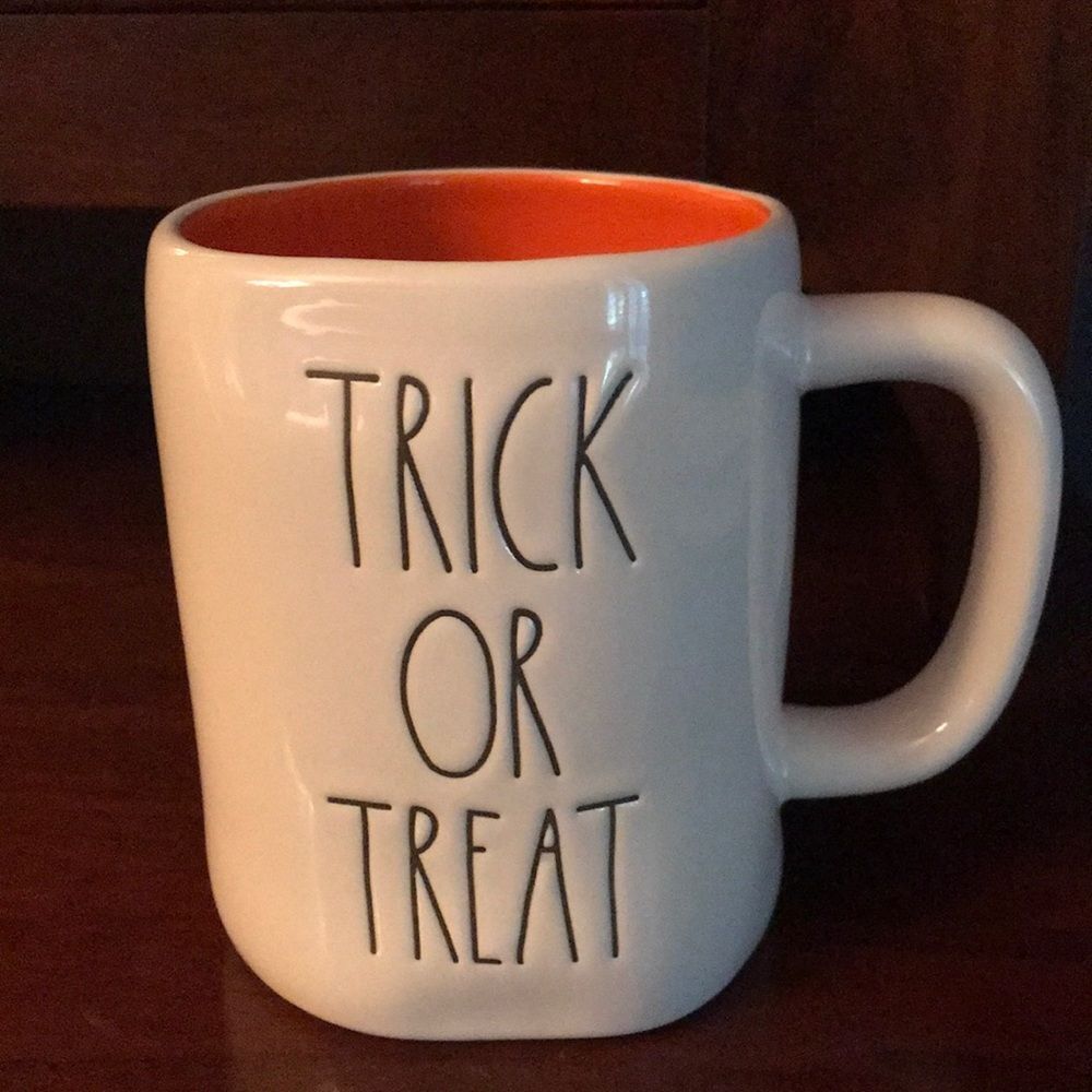 Rae Dunn TRICK OR TREAT Halloween glossy white with orange interior Mug